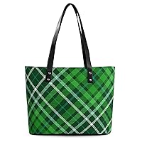 Womens Handbag Plaid Pattern Green Leather Tote Bag Top Handle Satchel Bags For Lady