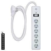 GE 6-Outlet Surge Protector, 6 Ft Extension Cord, Power Strip, 800 Joules, Flat Plug, Twist-to-Close Safety Covers, Protected Indicator Light, UL Listed, White, 47225