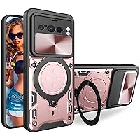Heavy Duty Armor Case for Google Pixel 8 Pro with Camera Cover, Built-in Rotated Ring Kickstand with Slide Camera Lens Protection Cover Case for Pixel 8 Pro JS-Rose Gold