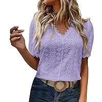 Shirts for Women, Women's Summer 2024 Solid Color Short Sleeved V Neck Hollowed Out Shirt Top Tshirts, S, XL