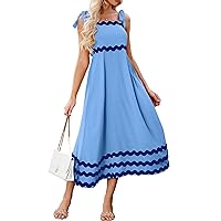 ECOWISH Women Sleeveless Maxi Dress: Summer Spaghetti Strap Shoulder Tie Square Neck Casual High Waisted A Line Long Dress