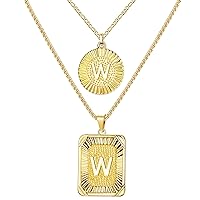 JeryWe 2pcs Layered Initial Necklace for Women Men 18K Gold Plated Round Sqaure Initial Letter Pendant Necklace Stainless Steel Layered A-Z 26 Initial Necklaces for Teen Girl