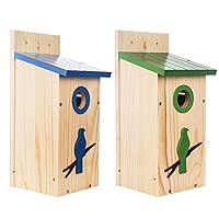 2 Pack Cedar Bird House with Predator Guard, Hanging Birdhouse for Hummingbird, Bluebird, Blue Wooden Nest Box for Outdoor Garden Patio, Home Decoration