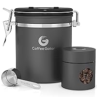 Coffee Gator Coffee Canister, Stainless Steel Airtight Coffee Containers for Ground Coffee with Date-Tracker, CO2-Release Valve, Measuring Scoop & Travel Jar - Medium, 16 oz, Gray