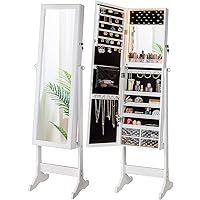LUXFURNI LED Light Jewelry Cabinet Armoire, Standing Mirror Makeup Lockable Large Storage Organizer w/Drawers (White)