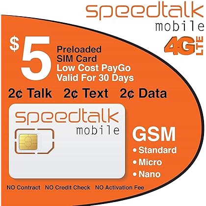 SpeedTalk Mobile $5 Prepaid Wireless Pay Go Plan for SmartPhones & Cellphones | 5G 4G LTE | 2¢ Talk, Text, Data |Triple Cut (Mini,Micro,Nano)GSM Sim Card | No Contract No Credit Check | 30 Day Service