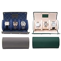 Genuine Saffiano Leather Watch Roll Travel Case Bundle - 2X Watch Roll Case For 3 Watches With Luxury Ultrasuede Lining in Slate Cross Stitch & Swiss Green - Protect, Store, & Display Fine Timepieces
