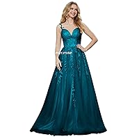 PEIYJYUSP Tulle Lace Appliques V Neck Prom Dresses A Line Wedding Bridesmaid Prom Dress for Teens Ball Gown