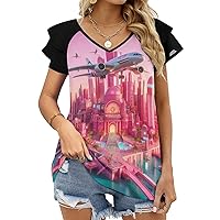 Womens Summer Cotton Short Sleeve T-Shirts Tops,Lightweight V-Neck Graphic Tees Clothes