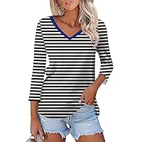 3/4 Length Sleeve Summer Tops for Women 2024 Vacation Stripe Print Dressy Casual Blouse Graphic Tees Boho Shirts
