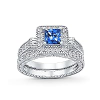 Art Deco Vintage Style 1CT Square Simulated Blue Sapphire Solitaire Cubic Zirconia Brilliant Princess Cut Halo AAA CZ Pave Anniversary Engagement Wedding Band Ring Set Rose Gold .925 Sterling Silver