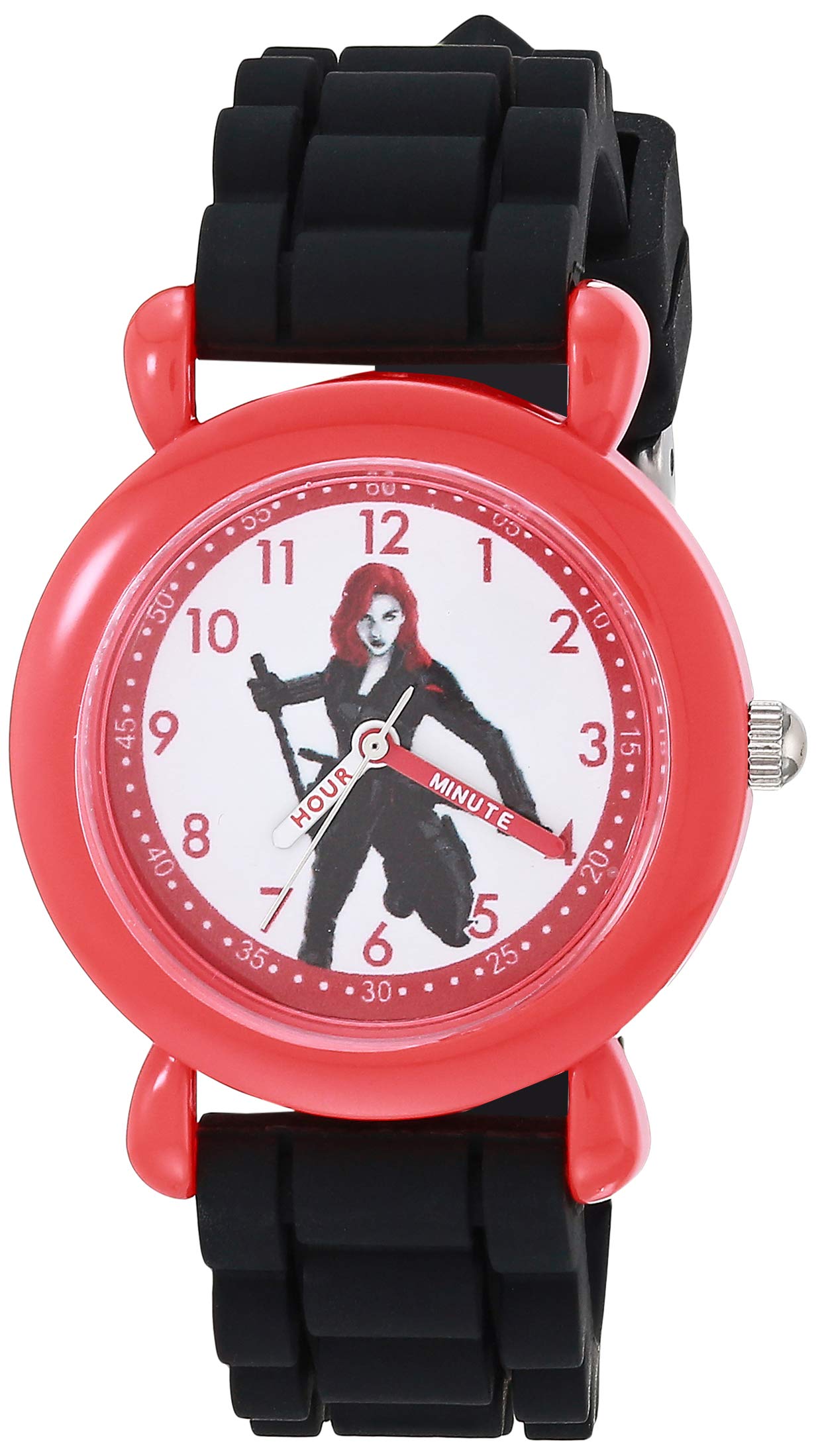 Marvel Black Widow Girls' Red Plastic Time Teacher Watch, Black Silicone Strap