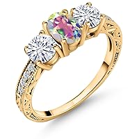 Gem Stone King 18K Yellow Gold Plated Silver 3-Stone Ring Oval Mercury Mist Mystic Topaz and Moissanite (2.12 Cttw)