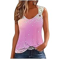 Women's Sequin Tank Tops Trendy Striped Print Sparkly Shirts O Ring Scoop Neck Camisole Summer Casual Sleeveless Tee