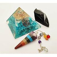 Orgone Pyramid Aquamarine Crystal Kit and Obsidian Gemstone, Seven Chakra Pendulum Reiki Healing Crystal Meditation Spiritual Gift