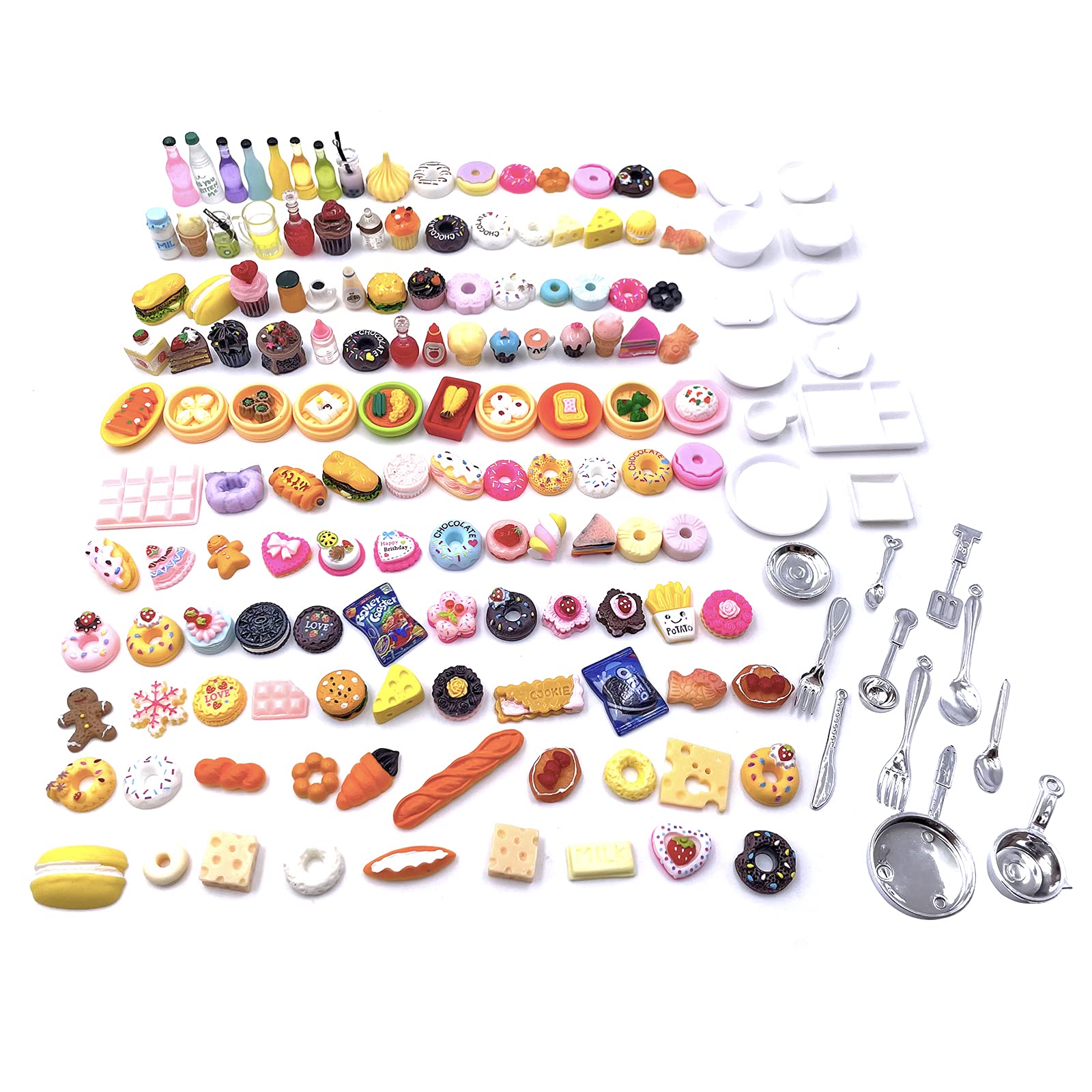 HKLMRO 150Pcs Miniature Food Drink Bottles Adults Dollhouse Soda Pop Cans Pretend Play Kitchen Cooking Game Party Accessories Toys Hamburger Cake Ice Cream Pizza Bread Tableware Doll House Landscape