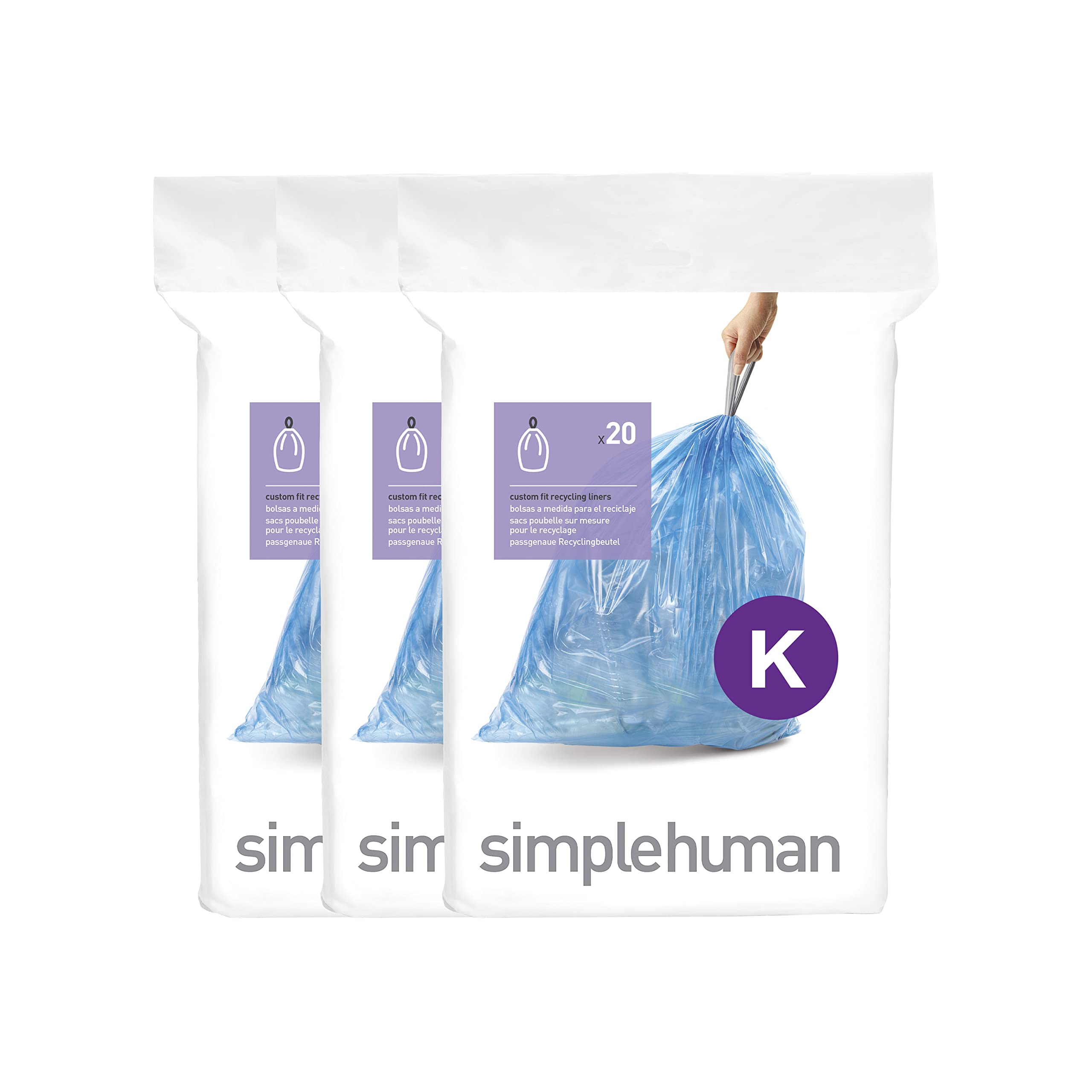 simplehuman Code K Custom Fit Drawstring Trash Bags in Dispenser Packs, 35-45 Liter / 9.2-12 Gallon, Blue – 60 Liners
