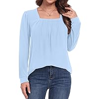 ALIGADUO Womens Fall Casual Pleated Tunic Tops Suqare Neck Shirts Puff Long Sleeve Blouses