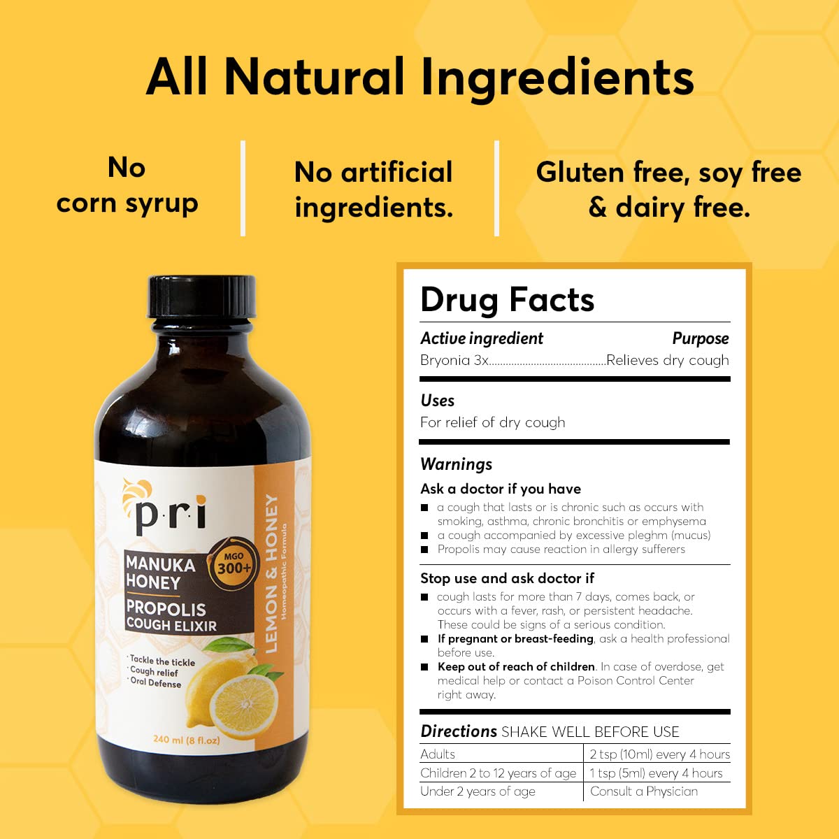 PRI Natural Dry Cough Syrup with Manuka Honey, Propolis, Tea Tree Oil and Vitamin C - Sore Throat & Immune Support, Lemon Flavor, 8oz