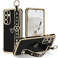 GUAGUA for Samsung Galaxy S23 FE 5G Case, Galaxy S23 FE Phone Case, Slim Flexible TPU Plating Love Heart with Wristband Kickstand Shockproof Protective Phone Case for Samsung S23 FE 5G 6.4 Inch, Black