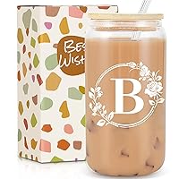 Ini-tial Glass Cup - Gifts for Women - 16 Oz Glass Cups W/Lids Straws, Glass Tumbler Monogrammed Gifts, Iced Coffee Cups - Personalized Customized Cute Gifts Mothers Day, Birthday Gifts for Her Mom, B