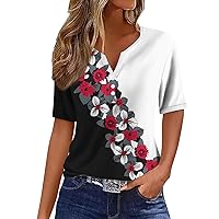 Womens Plus Size Summer Tops V Neck Short Sleeve Shirts Trendy Floral Graphic Tees 2024 Casual Button Down Blouses