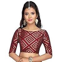 Aashita Creations Women's Benaras Brocade Saree Blouse with Elbow Length Sleeves Maroon Color_1300