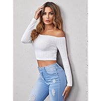 Women's Tops Shirts Sexy Tops for Women Off Shoulder Pointelle Knit Crop Top Shirts for Women (Color : White, Size : X-Large)
