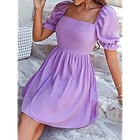 Dresses for Women - Square Neck Puff Sleeve Dress (Color : Lilac Purple, Size : Large)