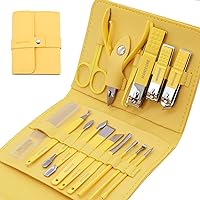 Manicure Kit Professional Nail Clippers Set Pedicure Kit, LIOUCBD 16pcs Stainless Steel Nail Care Tools, Grooming Kit with Luxurious Leather Travel Case for Women Men (Yellow)