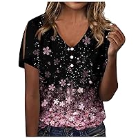 Women's Summer Button Up Henley T Shirt Vintage Boho Floral Print Tops Casual Short Sleeve V Neck Loose Fit Tee
