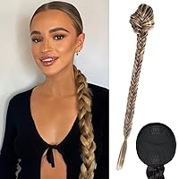Braided Ponytail for Women, 24 inch Long Braid Ponytail Extension, Drawstring Ponytail Clip In Hair Extension (Ash Brown with Blonde Highlights)