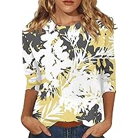 Womens Summer Tops,Women Casual Summer Tops Plus Size Floral Shirt Womens Tops 3/4 Sleeve Crewneck Blouses Dressy Casual