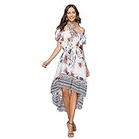 Women's Floral Print Off Shoulder Short Sleeve Elastic High-Low Cocktail Summer Dress