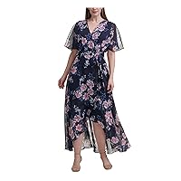 Jessica Howard Womens Blue Zippered Hi-lo Hem Floral Short Sleeve Surplice Neckline Tea-Length Wear to Work Faux Wrap Dress Plus 20W
