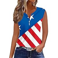 American Flag Sleeveless Henley Shirts Women Button V-Neck Tank Tops 4th of July Patriotic Stars Stripes Blouses