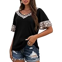 IWOLLENCE Waffle Knit V Neck Leopard T Shirts Short Sleeve Summer Casual Tops for Women Loose Fit