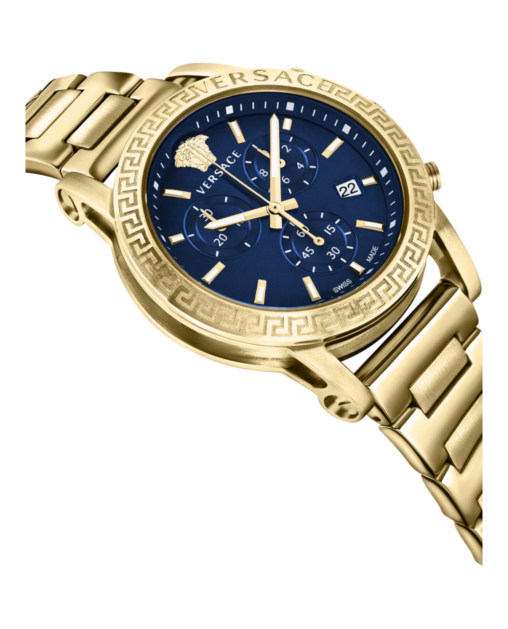 Versace Sport Tech Collection Luxury Womens Watch Timepiece with a Gold Bracelet Featuring a Gold Case and Blue Dial