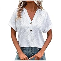 Short Sleeve Eyelet Tops for Women Trendy V Neck Button Down Shirts Summer Casual Tee Workout Tunic Work Blouses