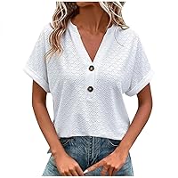 Women's Dressy V Neck Tops Flattering Summer Shirts Loose Plain Blouses Button Short Sleeve Tunic Casual T Shirt