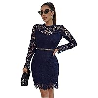 Dresses for Women Floral Lace Stand Neck Dress (Color : Navy Blue, Size : X-Small)