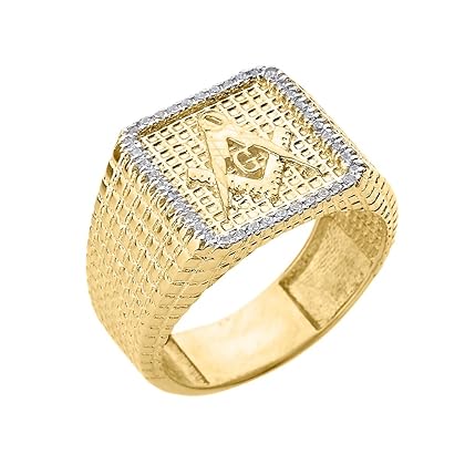 Men's Solid 14k Yellow Gold Textured Band Diamond-Studded Masonic Ring
