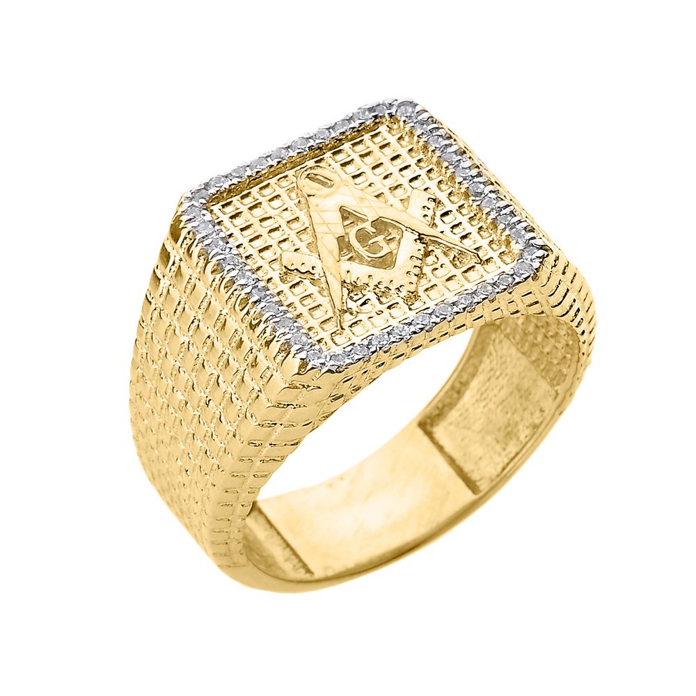 Men's Solid 14k Yellow Gold Textured Band Diamond-Studded Masonic Ring