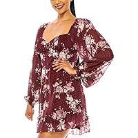 B Darlin Womens Burgundy Zippered Ruffled Sheer Lined Floral Long Sleeve Sweetheart Neckline Short Party Fit + Flare Dress Juniors 0