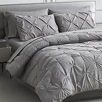 Maple&Stone Queen Comforter Set - 7 Pieces Pintuck Bed in A Bag Queen Pleat Pinch - Comforters Queen Size - Comforter Set with Flat Sheet, Fitted Sheet and Pillowcases & Shams, Grey