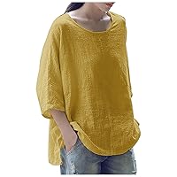 Womens 3/4 Sleeve Tops Summer Linen Tee Shirt Three Quarter Sleeve Tops Plain Blouses Loose Beach Casual Tees
