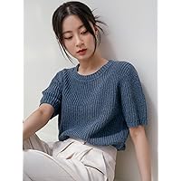 Round Neck Knit Top (Color : Dusty Blue, Size : Large)