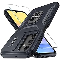 for Samsung Galaxy A15 5G Case with Tempered Glass Screen Protector and Camera Lens Cover,Rotated Ring Stable Kickstand,Heavy Duty Shockproof Protective Phone Cover-Black