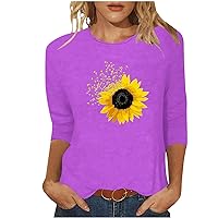 Sunflower Patterned T-Shirt Womens Tops 3/4 Length Sleeves 2023 Fall/Winter Crewneck Long Sleeve Shirt Cute Tee