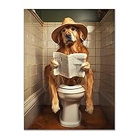 Golden Retriever Sitting in Toilet Reading Newspaper, Dog Wall Art Bathroom Decor Picture Funny Dog Painting Modern Artwork for Bathroom Toilet Decor (Unframed-12x16 inch)